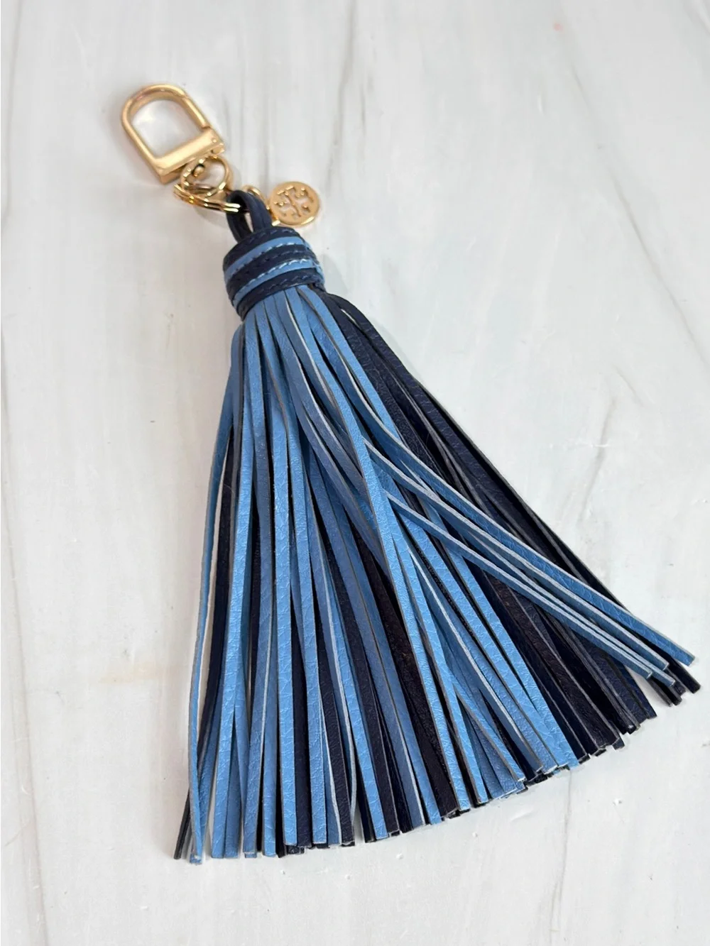 TORY BURCH LEATHER TWO TONE BLUE LIGHT BLUE KEY FOB PURSE CHARM TASSEL